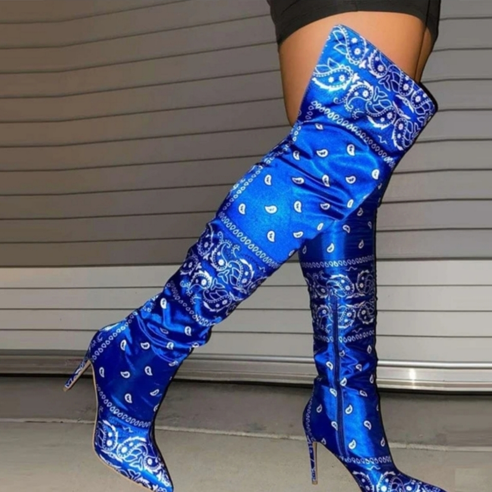 Blue bandana print boots thigh high boots